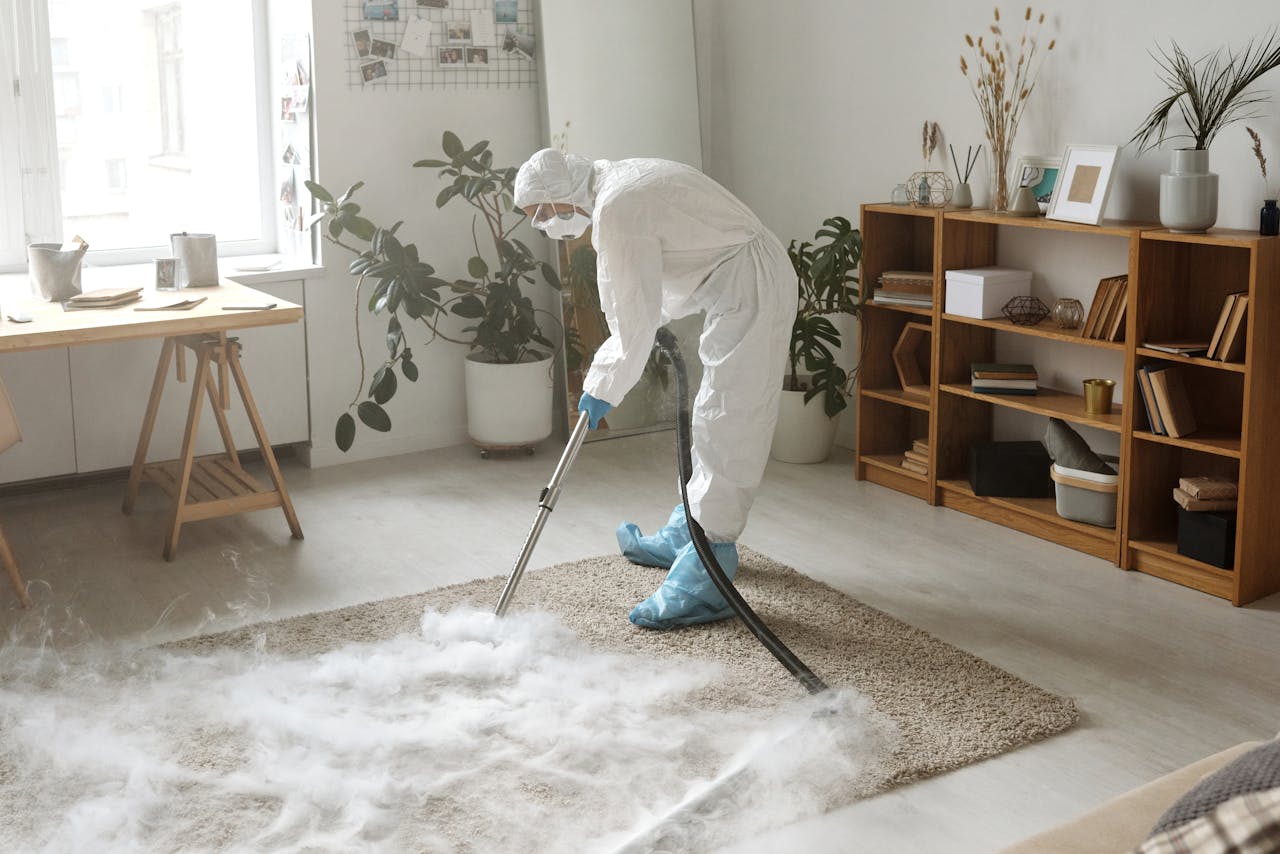 services-02 A woman in protective gear disinfects a carpet indoors to ensure safety during the COVID-19 pandemic.